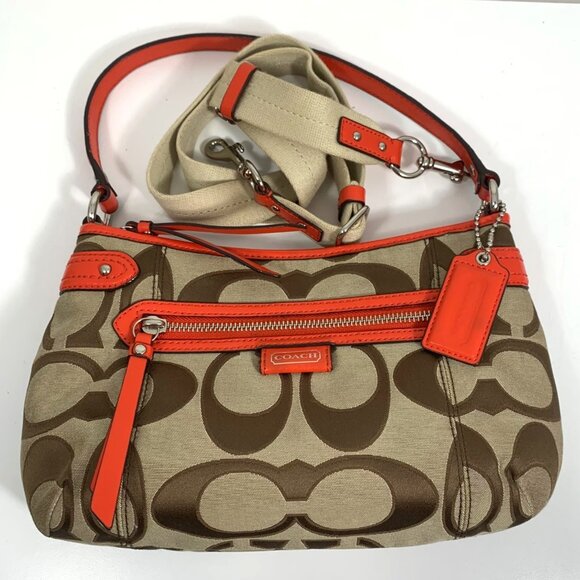 COACH Signature Canvas Orange Leather Shoulder Crossbody Bag w/ Tag F24063 EUC - Picture 3 of 16